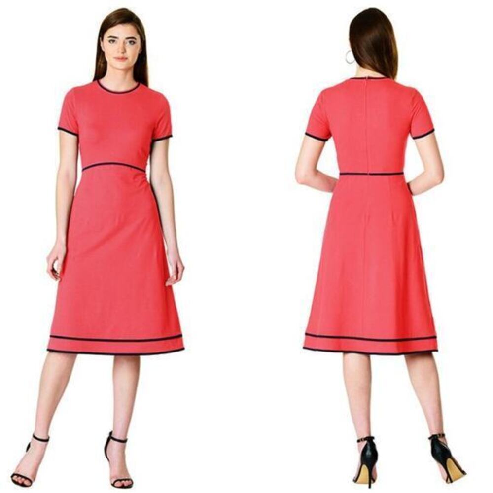 eShakti Contrast trim cotton knit dress in coral red cotton blend women size 16W